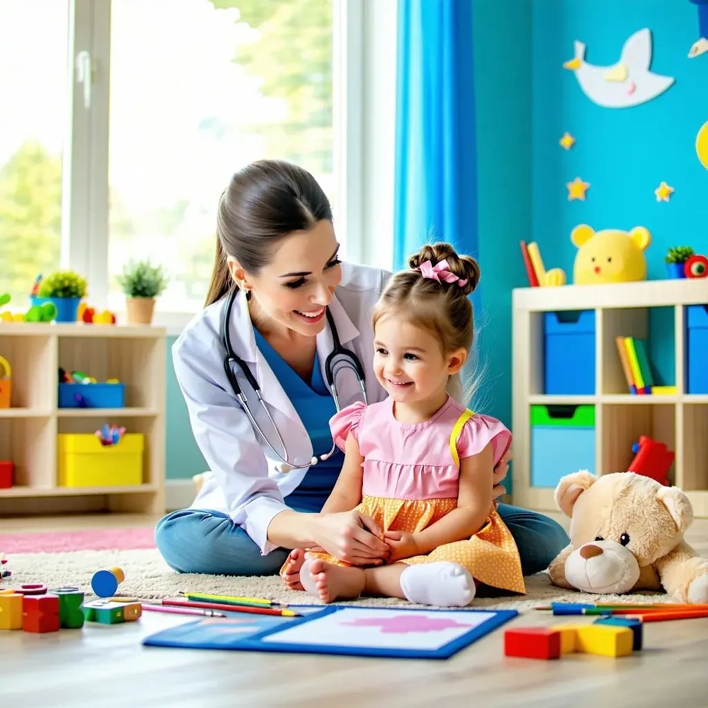 A bright and uplifting hospice environment designed for children featuring a nurse or caregiver engaging warmly with a young child in a colorful childfriendly room Toys art supplies and soft lighting create a sense