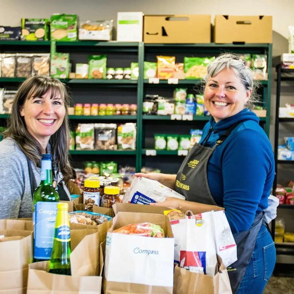 A cozy indoor scene at The Compass Food Bank  Outreach Centre showing shelves neatly stocked with food and essential items Volunteers smile as they pack care bags and welcome guests-1