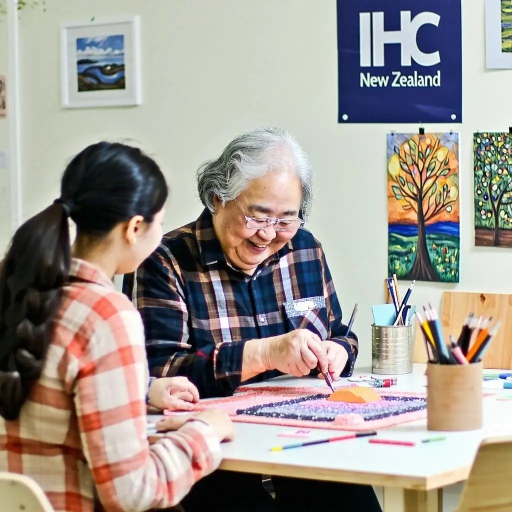A cozy indoor scene showing a person with an intellectual disability working on a craft project at a table smiling with pride A support worker sits nearby offering gentle guidance The room is bright and tidy with a