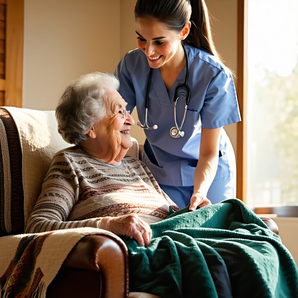 A hospice nurse gently placing a blanket over an elderly woman sitting in a cozy armchair both smiling softly Warm natural lighting and a peaceful home setting create a sense of comfort and care-1