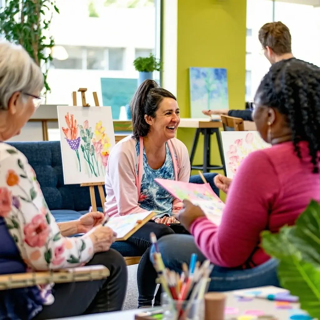 A vibrant communityfocused hospice outreach scene in North London with staff volunteers and family members engaging in supportive activities with patients The image includes group conversations creative therapies l