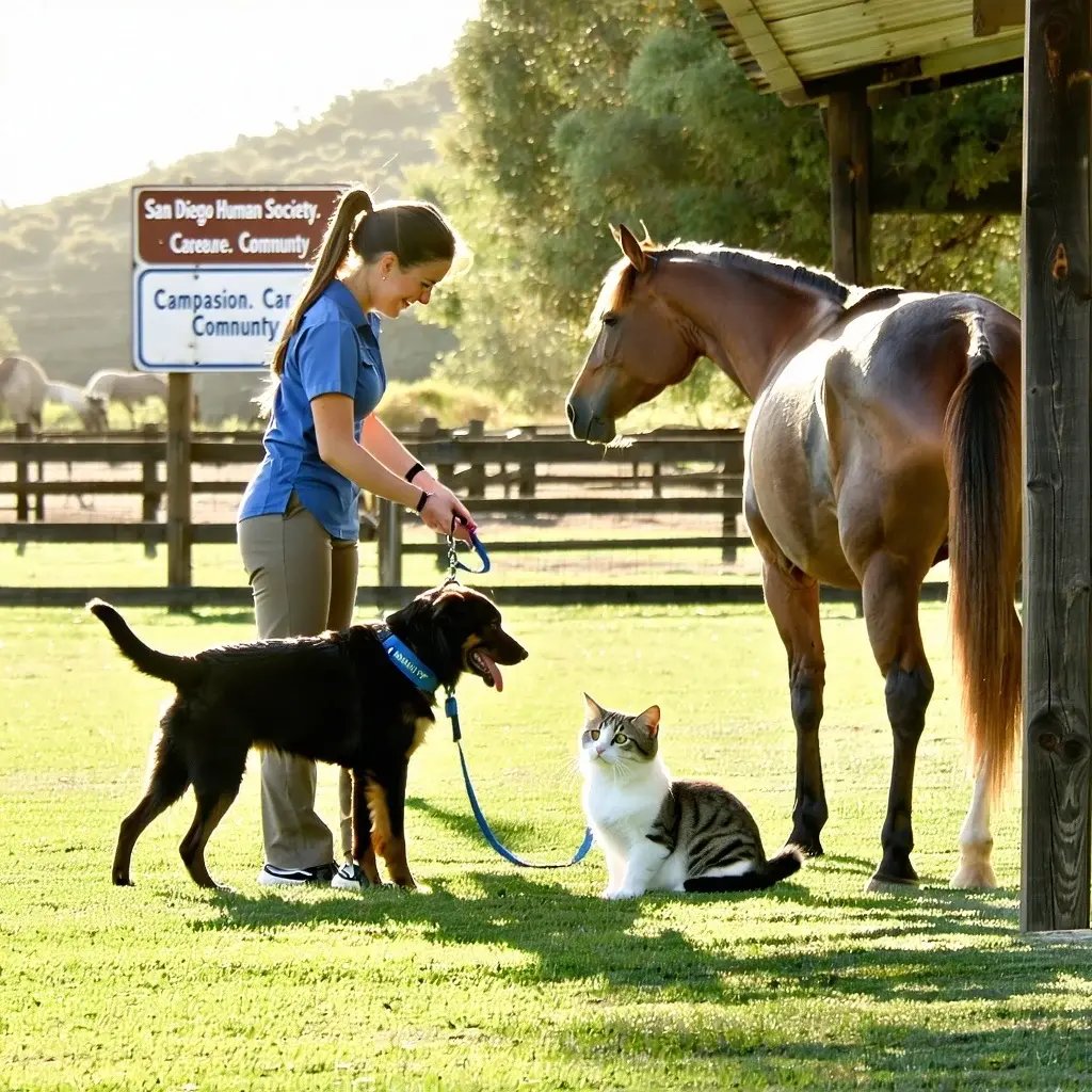 A warm sunny scene at an animal care facility showing a dog a cat and a horse being gently cared for by friendly staff and volunteers A family is adopting the dog while a volunteer pets the cat and a staff member t