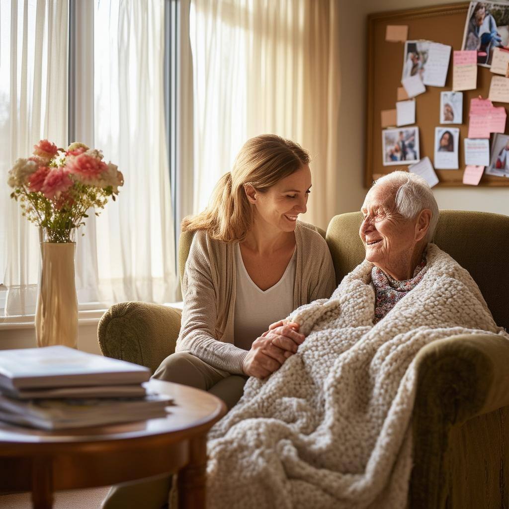The image depicts a serene hospice setting, bathed in soft, warm light that streams through large windows adorned with sheer curtains