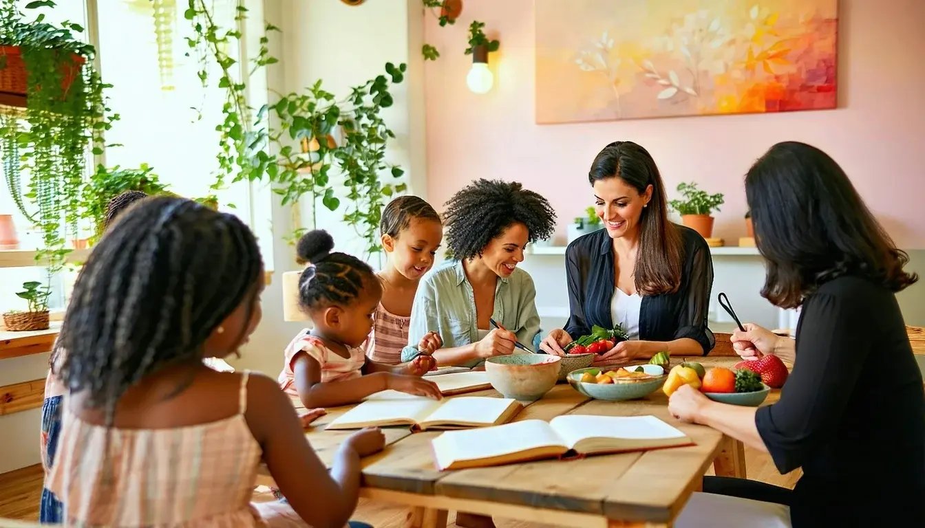 The scene is bathed in warm inviting light with soft pastel colors adorning the walls creating a cozy atmosphere that feels reminiscent of a nurturing home Women of diverse backgrounds alongside their children are