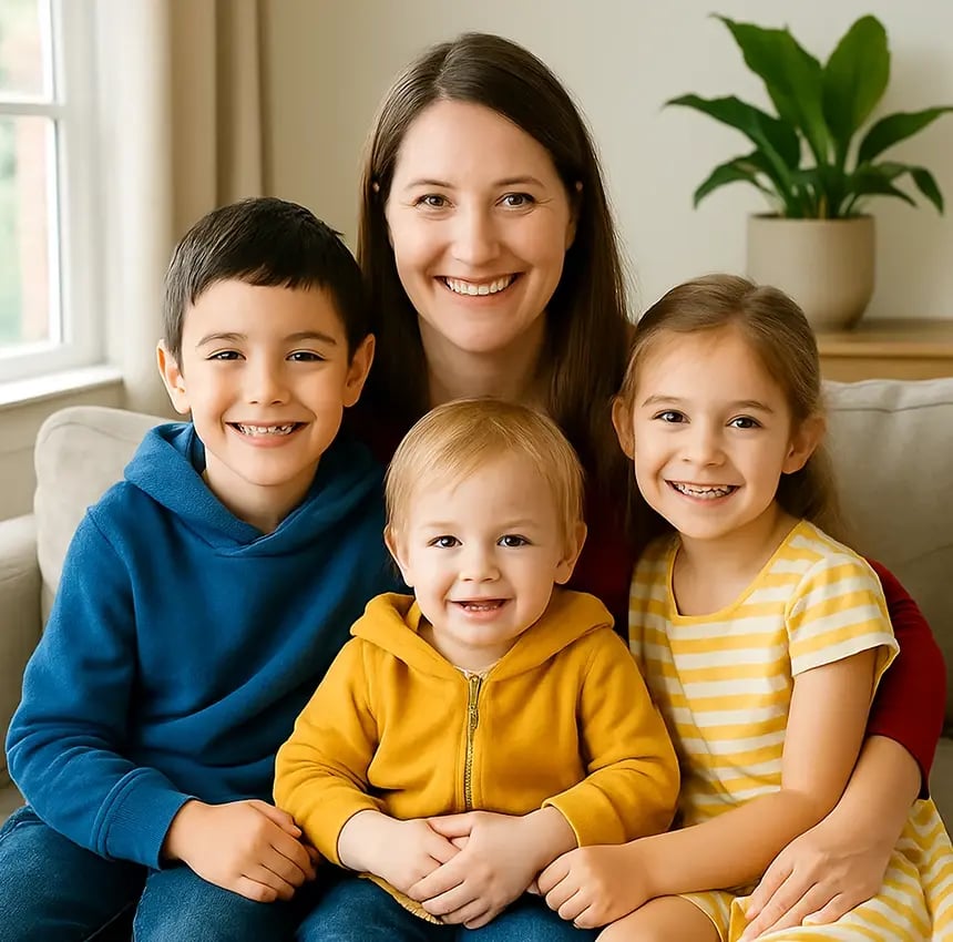 A cheerful Caucasian mother and her three young children smile warmly at the camera, sitting closely together indoors, reflecting love, joy, and family togetherness.