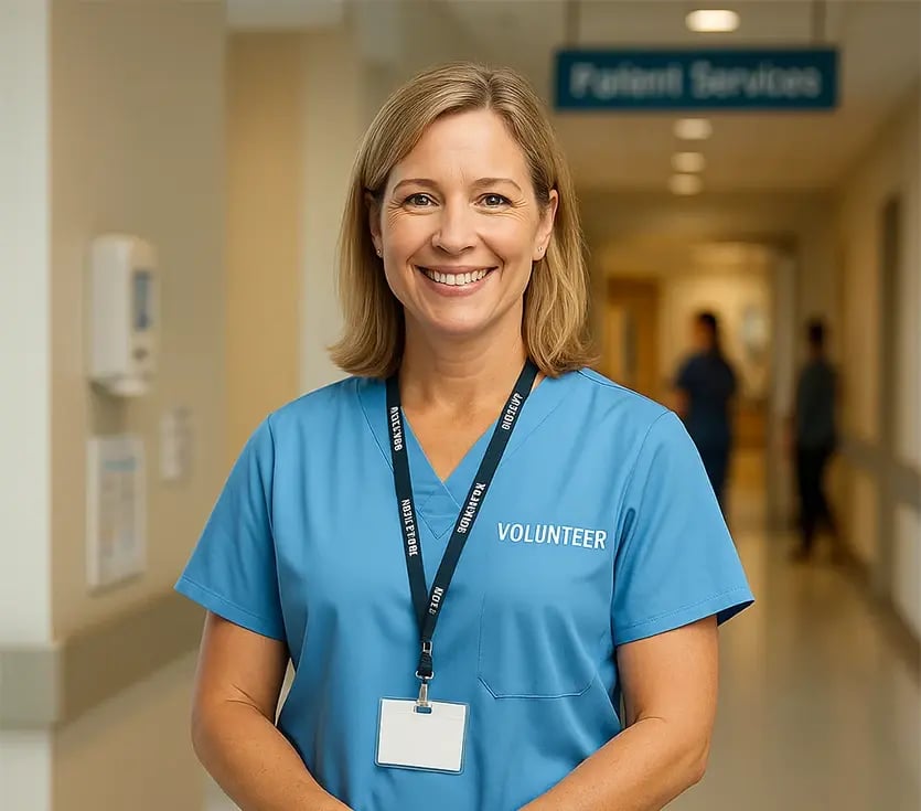 A smiling female healthcare volunteer in light blue scrubs with a volunteer badge stands in a bright hospital corridor near a “Patient Services” sign, representing compassion and support in healthcare settings.