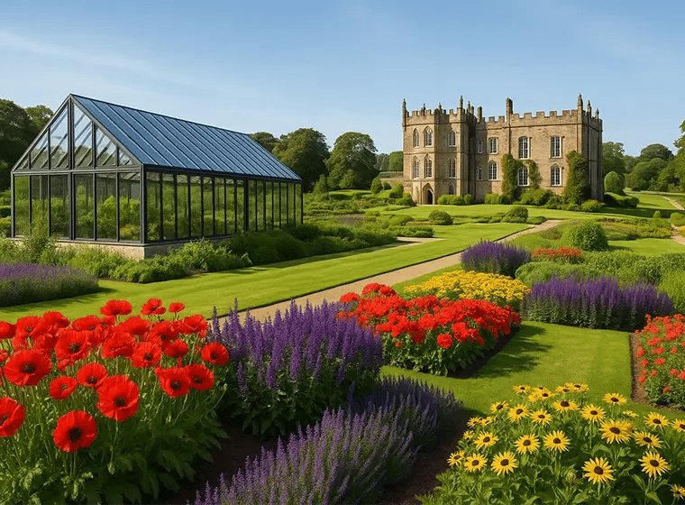 The Auckland Project in Bishop Auckland, UK, featuring vibrant flower beds, a modern glasshouse with a zig-zag roof, and the historic Auckland Castle surrounded by landscaped gardens and rolling parkland under a clear blue sky.
