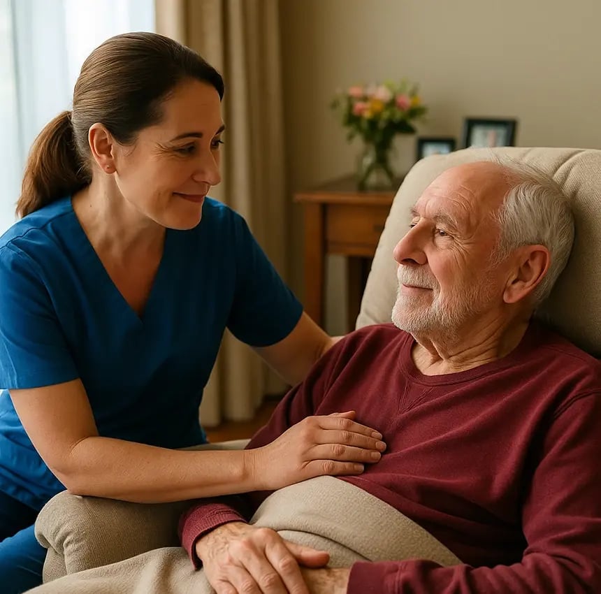 A caregiver gently rests a hand on an elderly woman’s chest, offering comfort and reassurance in a calm hospice setting. The moment reflects compassion, dignity, and supportive end-of-life care.