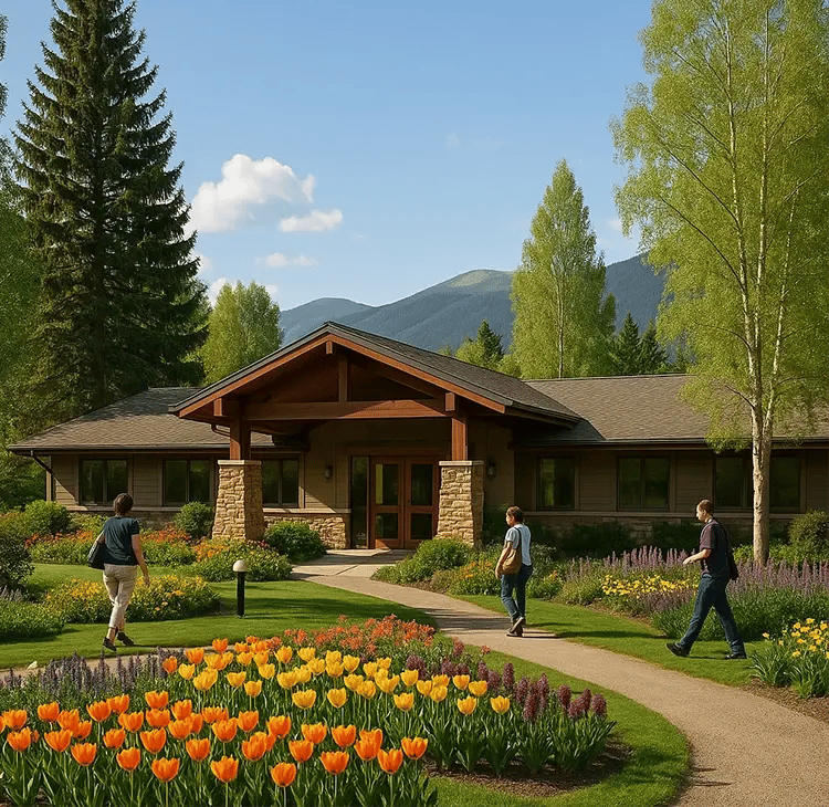 Stone and timber building surrounded by colorful flower gardens, with people walking along the paths and forested mountains in the background under a clear blue sky.