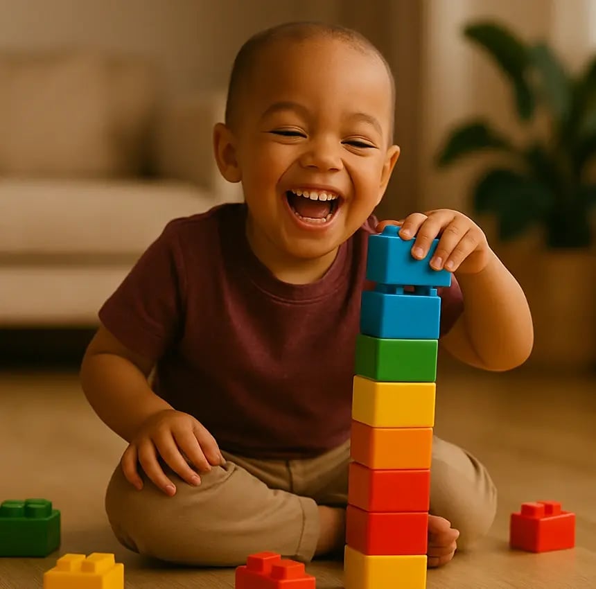 A joyful young child sits on the floor, laughing while stacking colorful toy blocks into a tall tower.