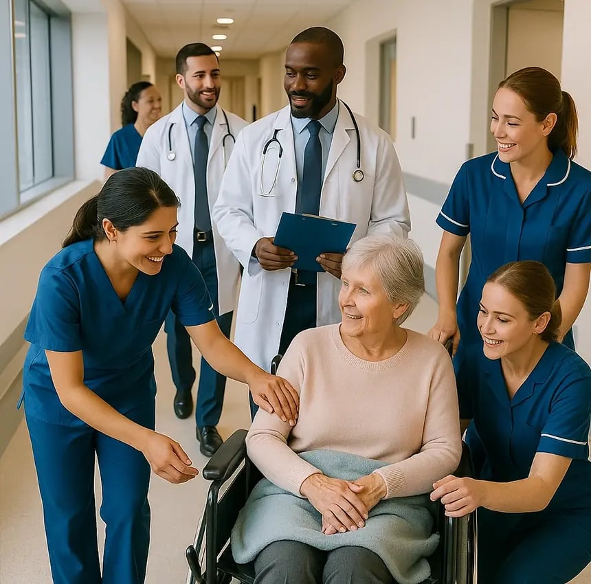 NHS volunteers and doctors assisting an elderly woman in a wheelchair in a hospital.