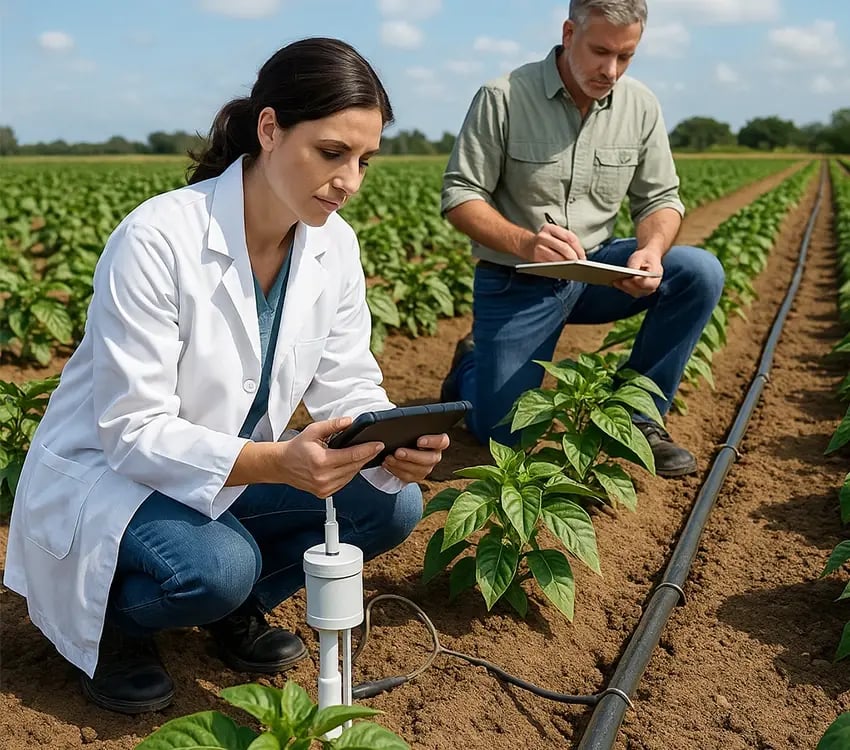 Researchers in a crop field monitor soil moisture and irrigation, one using a tablet with a probe and the other recording notes on a clipboard.
