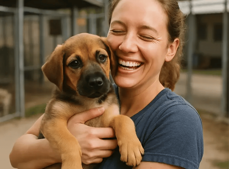 Smiling woman holding a puppy.