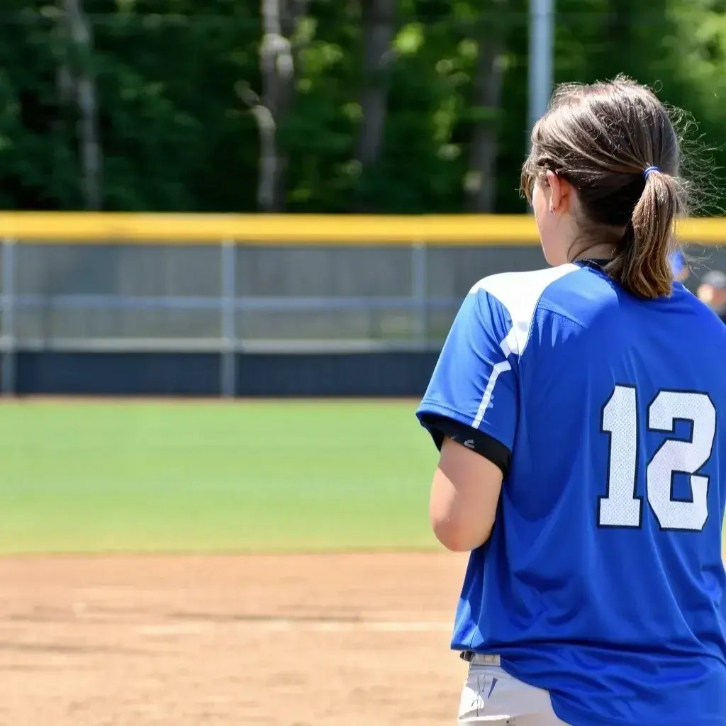 Softball player in a blue jersey with number 12 stands on the infield, facing the outfield with a blurred teammate in the distance, during a sunny game.
